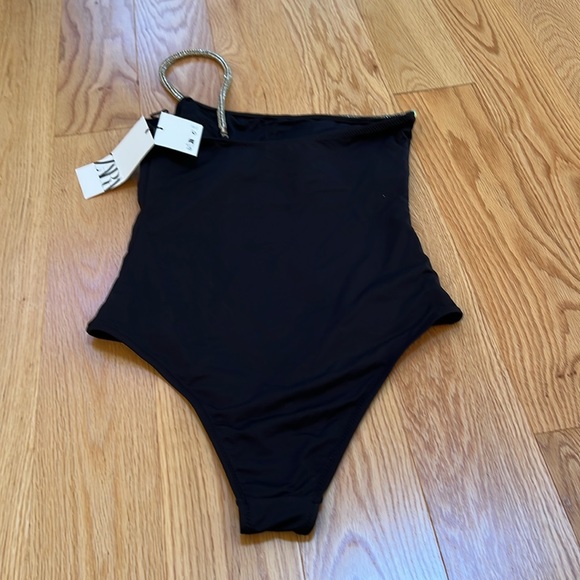 New! Zara medium black asymmetrical rhinestone strap swim suit. - Picture 5 of 9